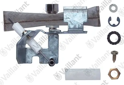 Vaillant Zündbrenner mit Metallgehäuse, Brennerelement, Anschluss, sowie verschiedenen Kleinteilen und Zubehörteilen zur Installation.